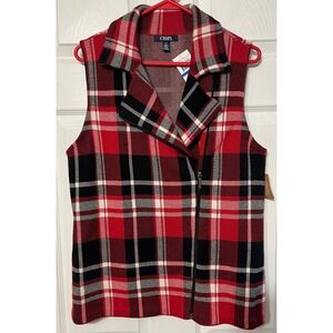 Chaps Womens Plaid Vest‎ Sleeveless Top Collared Full Zip Red Black White L/G
